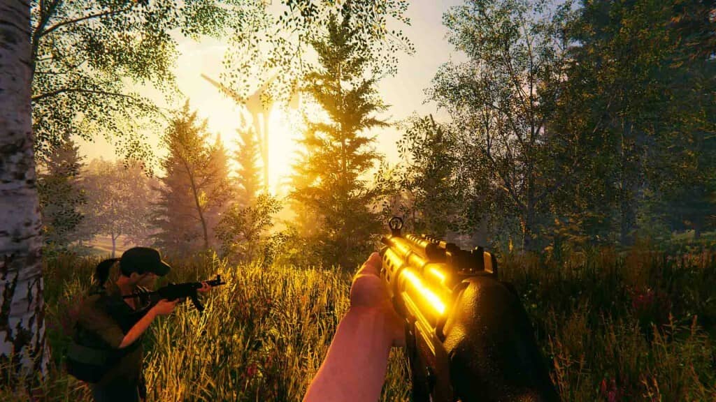 The Legacy gameplay: Góc nhìn thứ nhất nhân vật cầm súng trường dưới ánh nắng chói chang xuyên qua tán cây, khung cảnh đồng cỏ mùa hè.