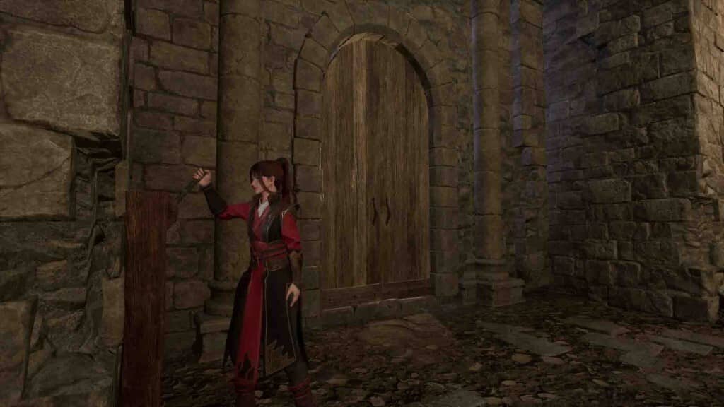 Cận cảnh nhân vật và cánh cổng đá lớn, hứa hẹn thử thách mới trong The Light of Celestia Nhân vật nữ trong The Light of Celestia đứng trước cánh cổng đá lớn tại khu vực hầm mộ