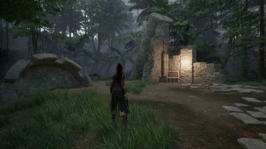 Cảnh quan tàn tích bí ẩn trong game The Light of Celestia Gameplay The Light of Celestia nhân vật nữ đứng trước tàn tích cổ trong rừng rậm