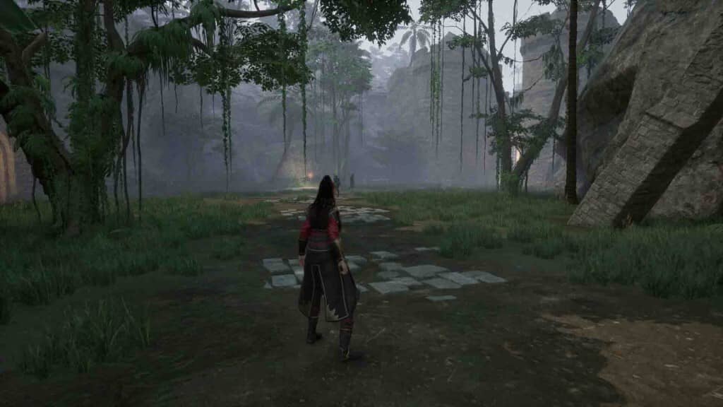 Khung cảnh khu rừng rậm mờ sương, con đường dẫn vào sâu trong game The Light of Celestia Nhân vật trong The Light of Celestia đứng trên con đường đá giữa khu rừng rậm mờ sương