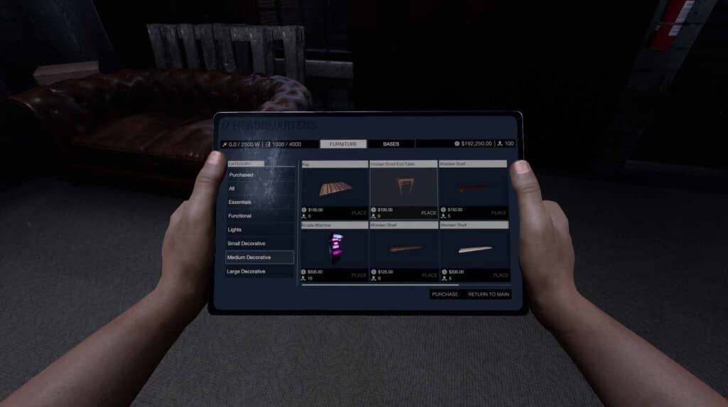 Menu Headquarters: Mua sắm và nâng cấp căn cứ trong The Other Side Màn hình quản lý và mua đồ nội thất, căn cứ trong game The Other Side (Headquarters menu).