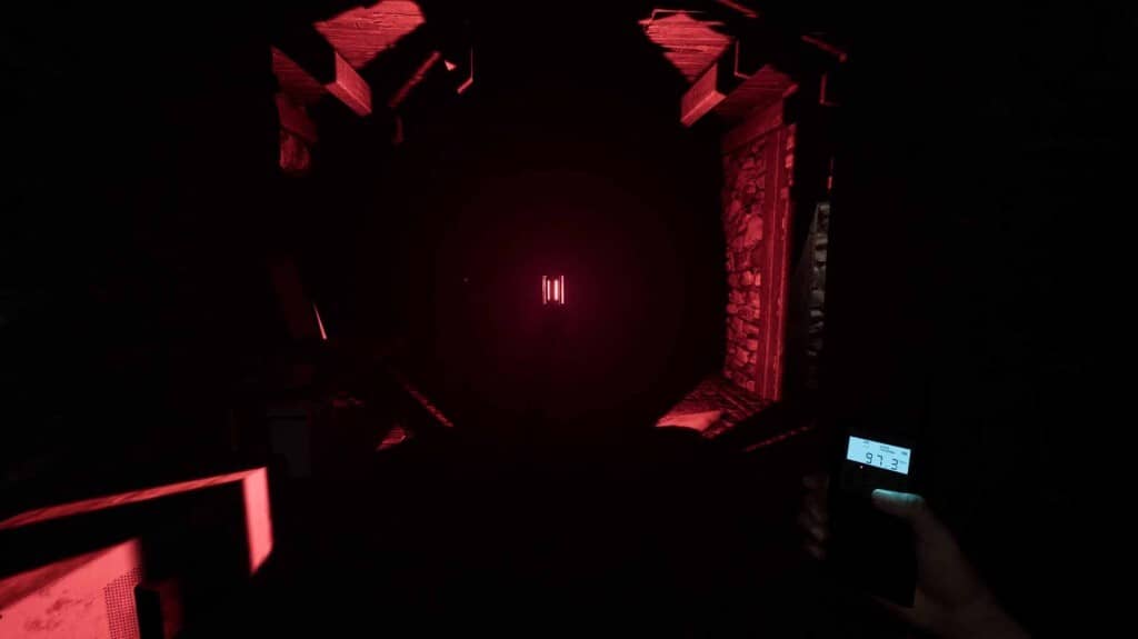 Khám phá bí ẩn với cảm biến nhiệt độ trong The Other Side Cảm biến nhiệt độ 97.3 trong game The Other Side, ánh sáng đỏ bí ẩn trong hành lang tối.