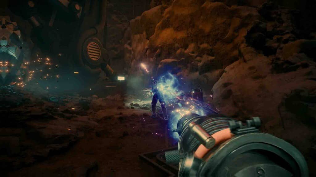 The Outer Worlds 2 gameplay: Hành động căng thẳng và hiệu ứng năng lượng đẹp mắt Gameplay The Outer Worlds 2: Chiến đấu bằng súng năng lượng trong hang động