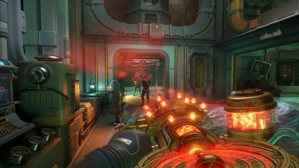 Hình ảnh The Outer Worlds 2: Nội thất căn cứ và súng plasma rực lửa The Outer Worlds 2: Bắn súng góc nhìn thứ nhất trong căn cứ khoa học với vũ khí lửa