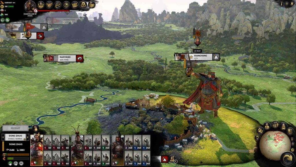 Total War Three Kingdoms ảnh bản đồ chiến dịch (Campaign map) chỉ huy quân sự và giao diện UI