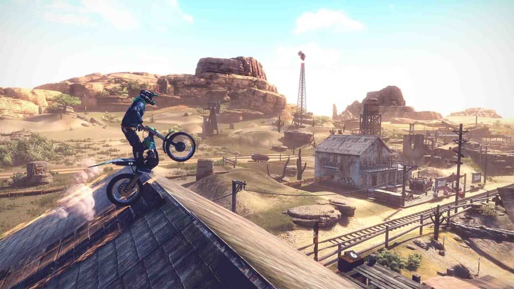 Gameplay Trials Rising đua motor địa hình trên mái nhà bỏ hoang bối cảnh miền Tây