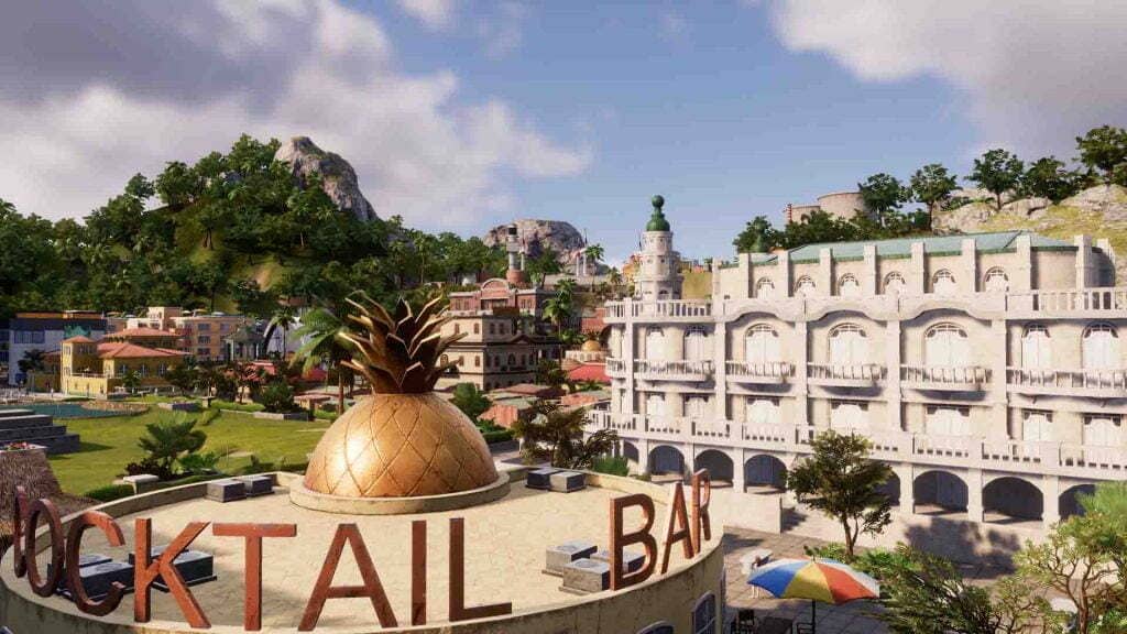 Kiến trúc khách sạn và Cocktail Bar với biểu tượng dứa trong Tropico 6