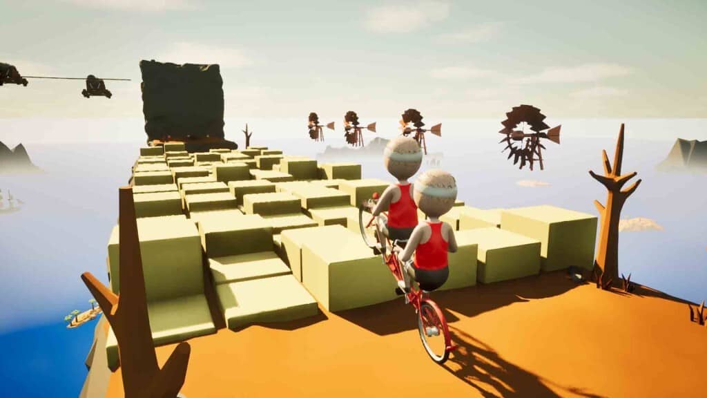 Khám phá bản đồ thế giới mở kỳ quặc của Try To Drive: Đường đua trên mây! Try To Drive: Gameplay xe đạp đôi di chuyển trên các khối hộp cao chênh vênh giữa không trung.