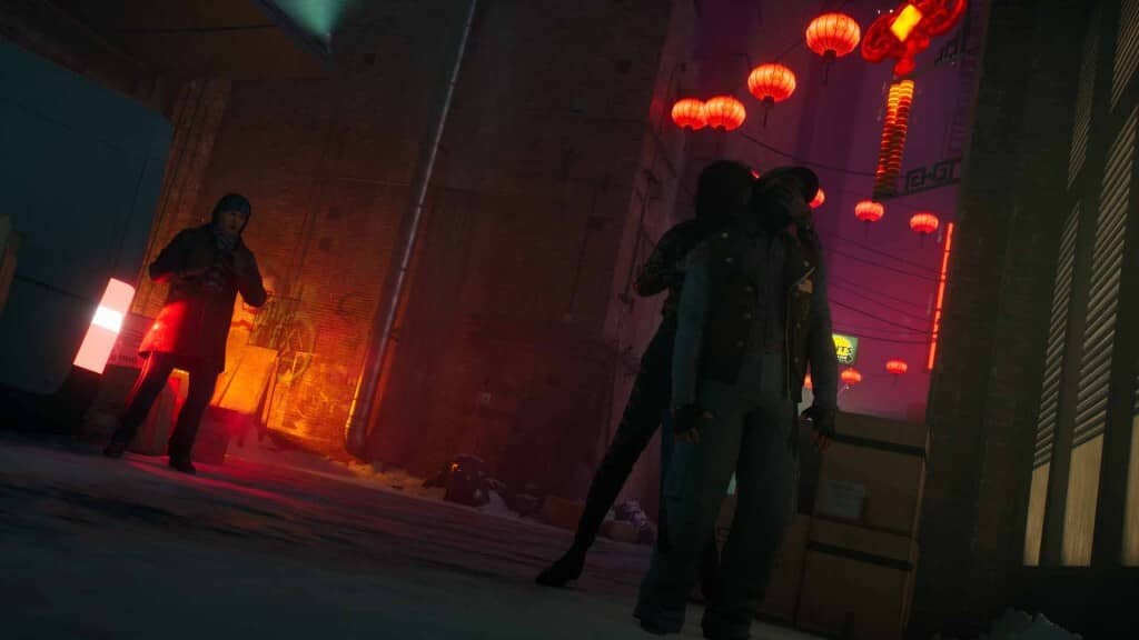 Cảnh hành động đêm tuyết rơi ở phố đèn lồng đỏ trong Bloodlines 2