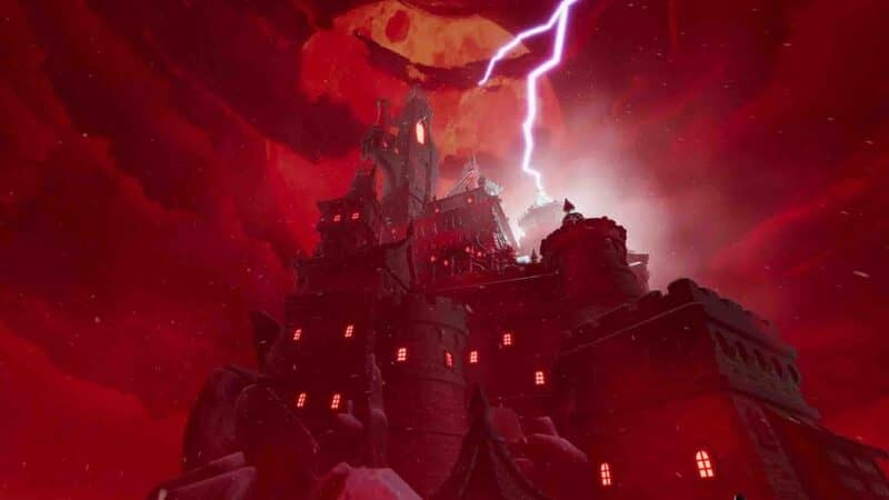 Lâu đài Castle Rock trong We Were Here Forever với bầu trời đỏ rực và sét đánh