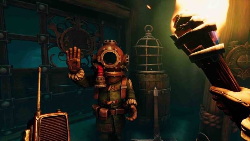 Nhân vật thợ lặn/Deep Sea Diver vẫy tay trong game co-op giải đố We Were Here Forever