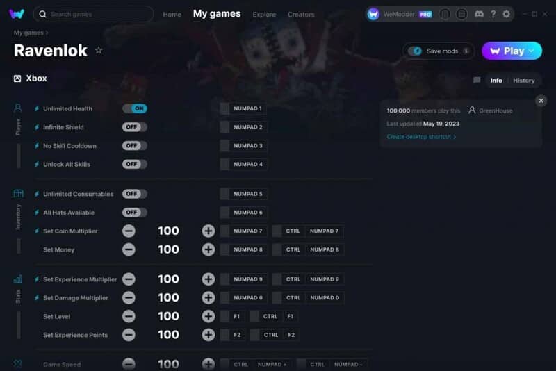 Điều chỉnh Set Coin Multiplier và Level trong WeMod Pro WeMod Pro Trainer cho game Ravenlok Xbox Set Multiplier