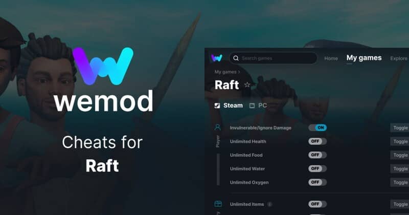 Giao diện WeMod kích hoạt Unlimited Health cho Raft WeMod cheats cho game Raft PC Trainer Unlimited Health Items