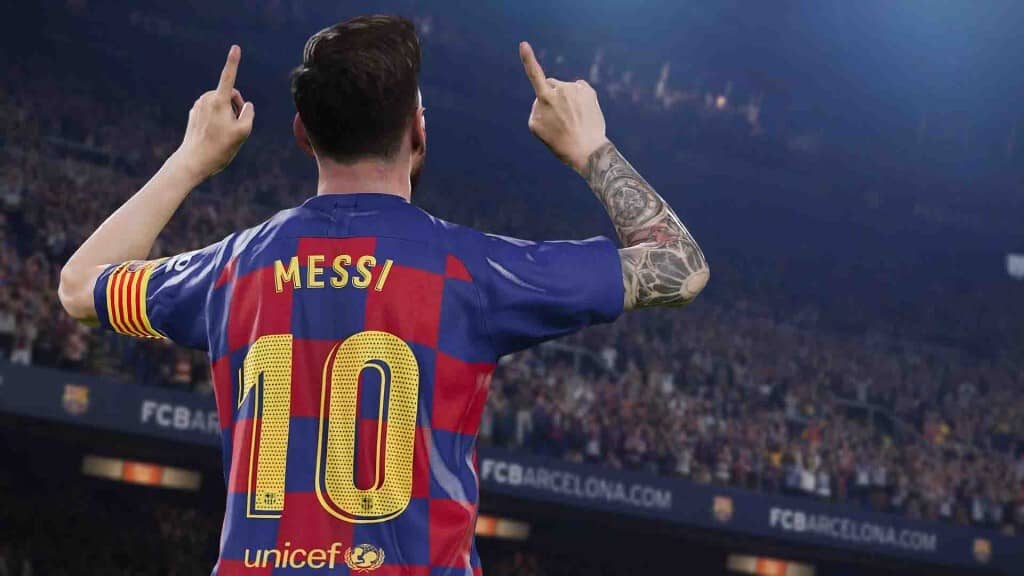 Cảnh ăn mừng của Messi trong trang phục Barcelona số 10 trong PES 2020 Lionel Messi ăn mừng trong game eFootball PES 2020