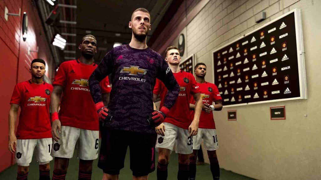 Cầu thủ Man Utd (De Gea, Pogba) chuẩn bị ra sân trong eFootball PES 2020 Đội hình Manchester United trong đường hầm PES 2020