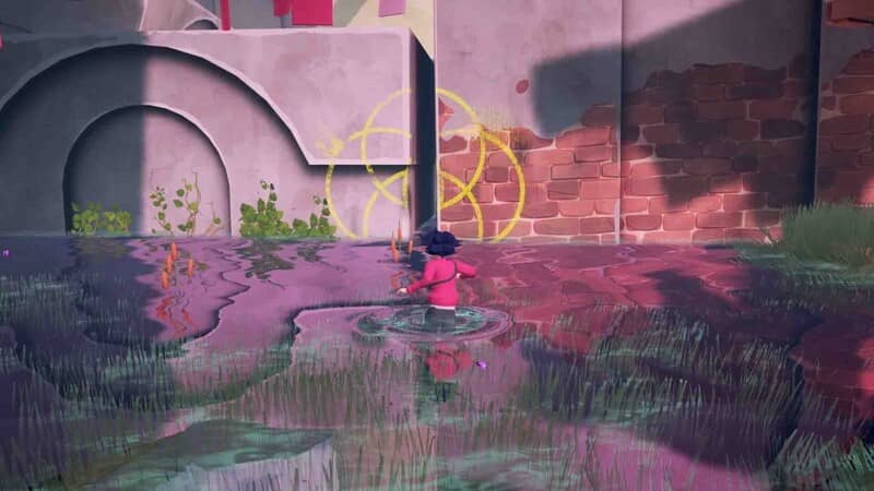Nhân vật lội qua nước màu tím khám phá tàn tích có ký hiệu vòng tròn vàng lạ mắt trong A Pizza Delivery.