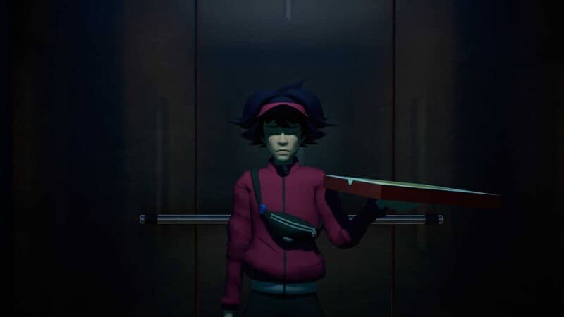 Cận cảnh nhân vật cầm hộp pizza đứng trong thang máy tối tăm với khuôn mặt mệt mỏi và u ám.