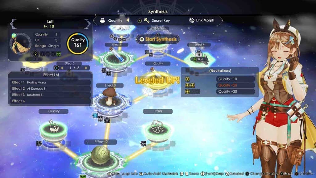 Cơ chế Synthesis Alchemist độc đáo và nâng cấp đồ vật trong Atelier Ryza 3 Giao diện Synthesis (Tổng hợp) chi tiết của Atelier Ryza 3 với cây kỹ năng và nguyên liệu