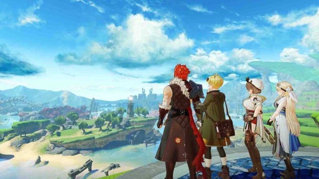 Khám phá thế giới rộng lớn của Atelier Ryza 3: Alchemist of the End & the Secret Key DX Bốn nhân vật chính Atelier Ryza 3 nhìn ra khung cảnh thế giới mở rộng lớn