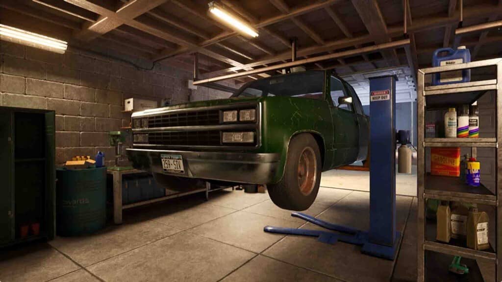Xe bán tải xanh đang được sửa trong game Before Exit Gas Station Ga-ra sửa chữa ô tô game Before Exit Gas Station