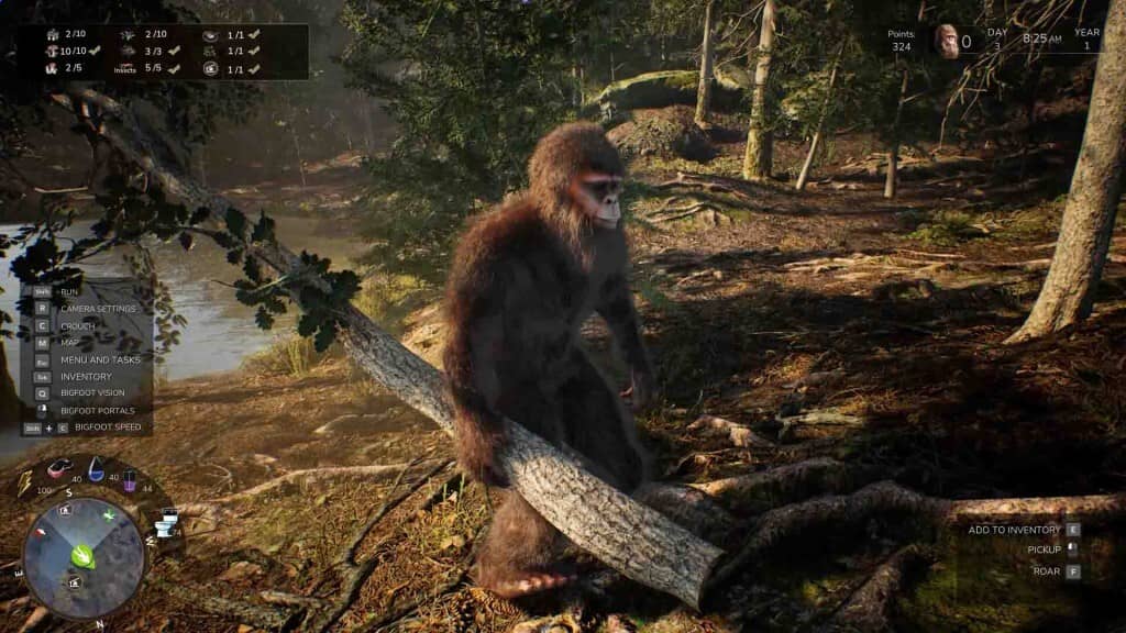 Bigfoot đứng gần khúc gỗ bên bờ suối, giao diện game Bigfoot Life