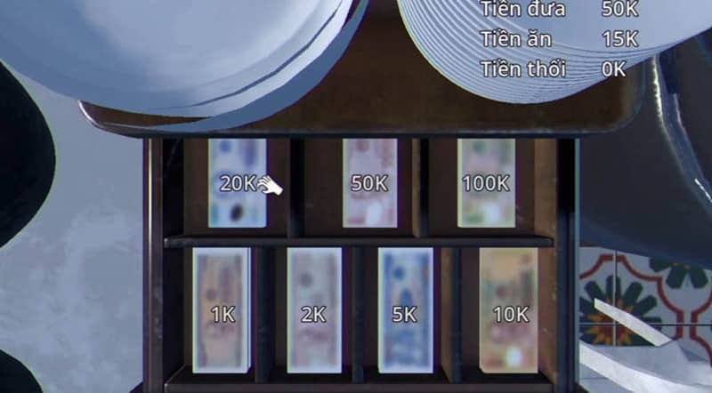 Chi tiết hộp tiền và giao diện trả tiền Phở trong game Brother Hais Hộp tiền lẻ Việt Nam (20K, 50K, 100K, 1K, 2K, 5K, 10K) và giao diện thanh toán trong Brother Hais Pho Restaurant