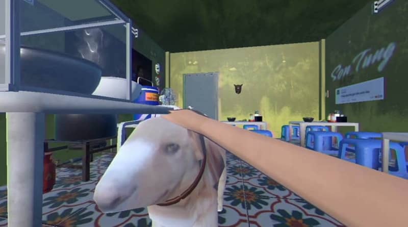 Không gian và tương tác độc đáo với con vật trong quán Phở Brother Hais Người chơi tương tác với con chó trong không gian quán Phở Sơn Tùng của Brother Hais Pho Restaurant
