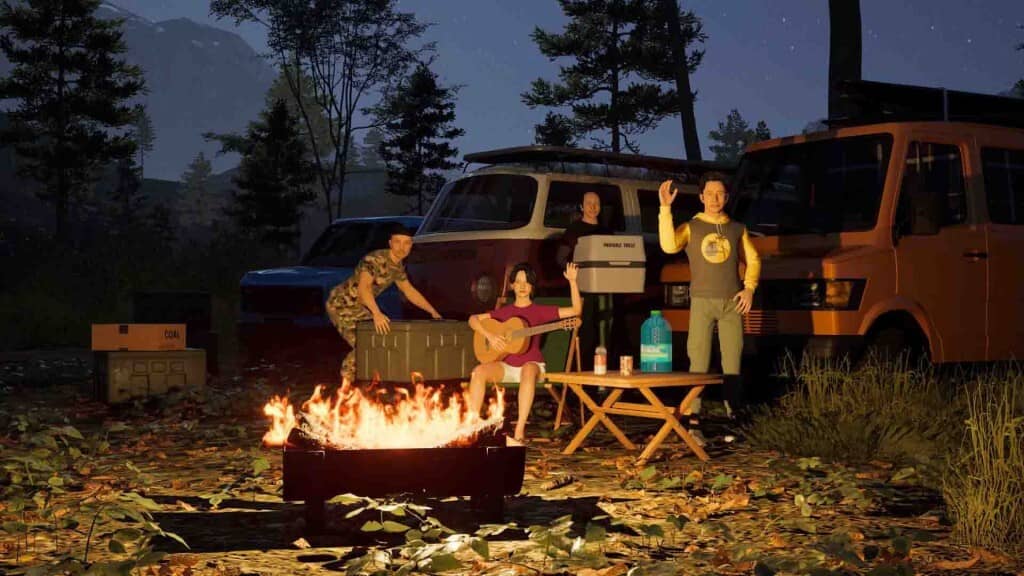 Khoảnh khắc cắm trại thư giãn trong Caravanners Caravanners gameplay cảnh nhóm nhân vật cắm trại ban đêm bên lửa trại và xe van