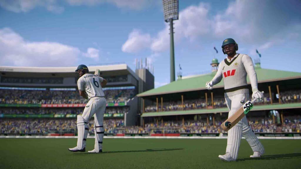 Gameplay Cricket 26 - Test Match tại sân Sydney Cricket 26 gameplay hai cầu thủ đội Úc và Ấn Độ trên sân cỏ Test Match