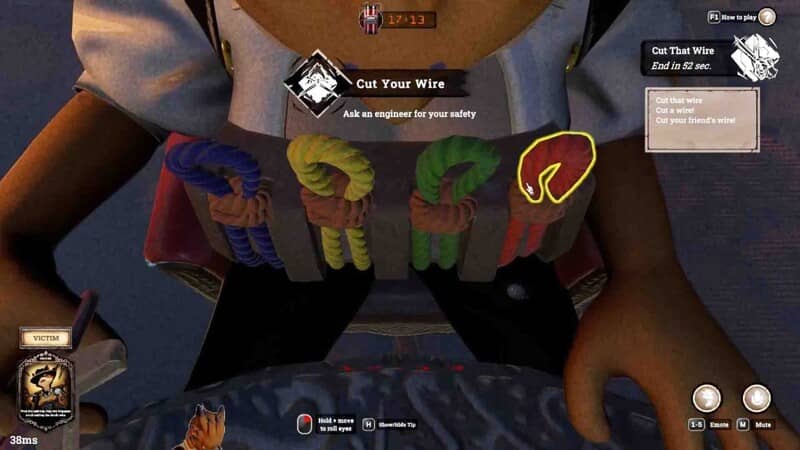 First Class Trouble Cut Your Wire Màn hình trò chơi First Class Trouble, nhiệm vụ Cut Your Wire, người chơi cần chọn cắt dây màu đỏ hoặc xanh để sống sót