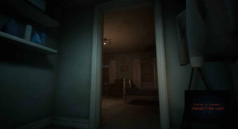 Cảnh game kinh dị trong nhà tối, phòng ngủ, thông báo kết nối bị mất