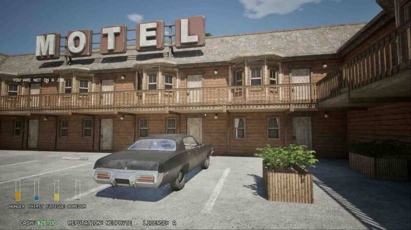 Driving Life: Đỗ xe và nghỉ ngơi tại Motel Driving Life xe đỗ trước motel, thanh chỉ số nhân vật