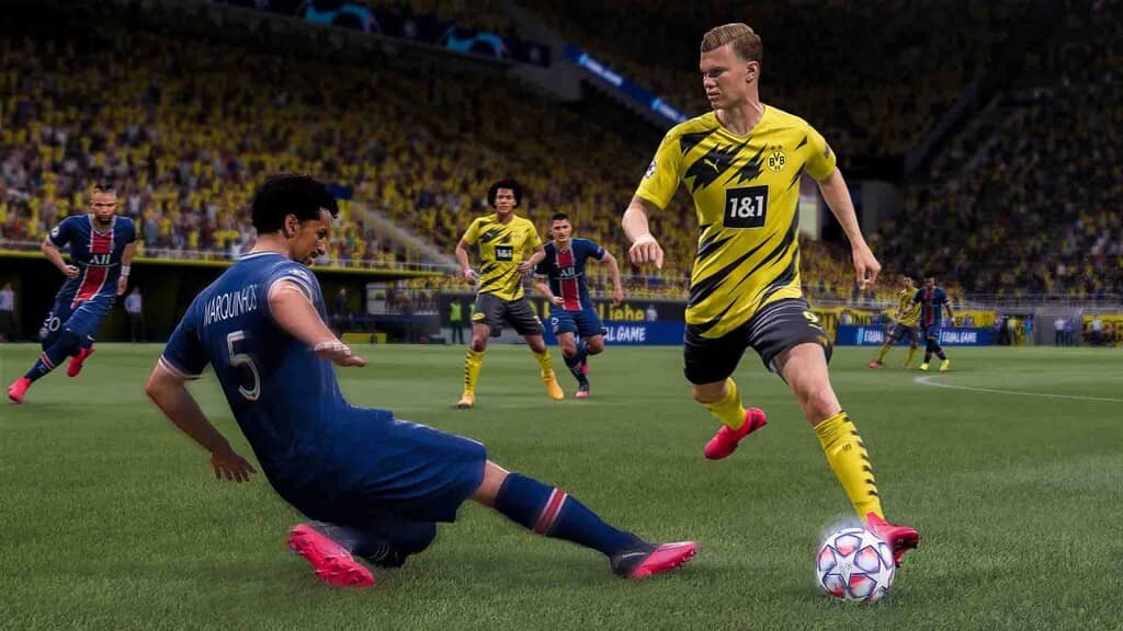 Pha tắc bóng của Marquinhos với Haaland trong game FIFA 21 Gameplay FIFA 21 Haaland Dortmund đối đầu Marquinhos PSG trong trận đấu Champions League