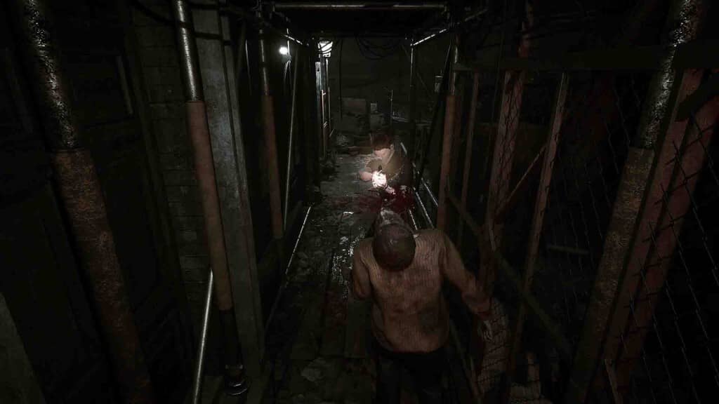 Nhân vật đối mặt với zombie/quái vật trong hành lang hẹp đẫm máu trong Echoes of the Living