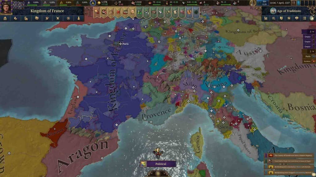 Kiểm soát Vương quốc Pháp trong Europa Universalis V Europa Universalis V bản đồ chính trị châu Âu Pháp và Ý năm 1337