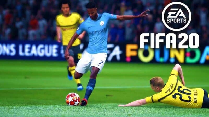 Raheem Sterling lừa bóng ấn tượng trong FIFA 20 Cầu thủ Raheem Sterling của Man City rê bóng vượt qua hậu vệ Borussia Dortmund trong FIFA 20