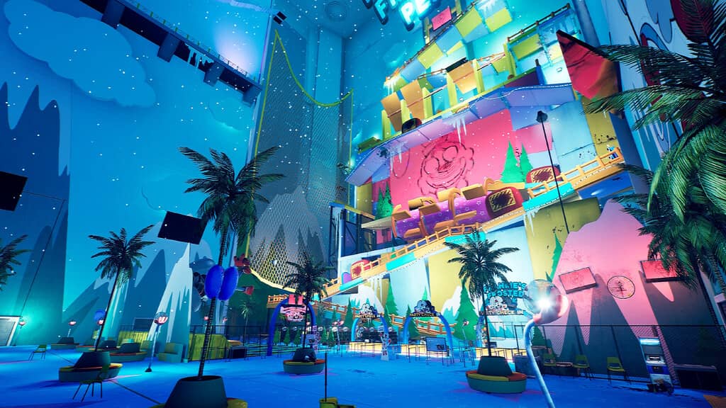 Toàn cảnh khu vui chơi Play Palace, một bối cảnh chính của Finding Bối cảnh khu vui chơi "Play Palace" đầy màu sắc trong game Finding Frankie.