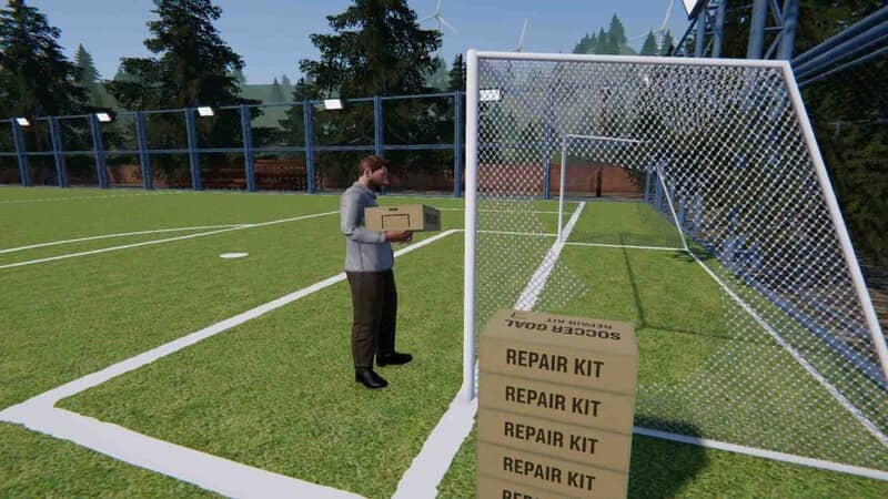 Sửa chữa khung thành bóng đá trong game Nhân vật game Football Pitch Simulator đang sửa khung thành với Repair Kit