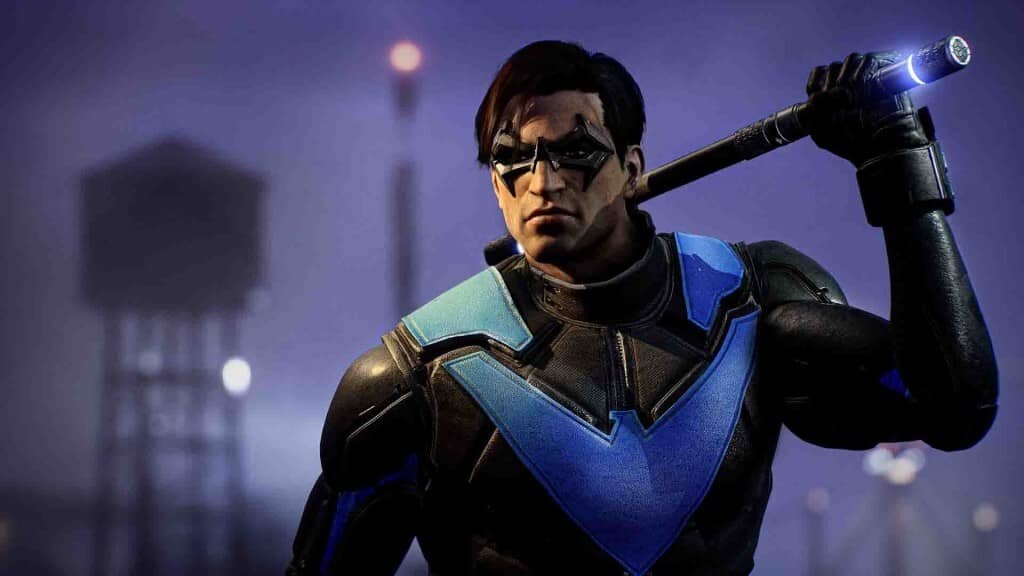 Nightwing cận cảnh trang phục và gậy Eskrima trong Gotham Knights