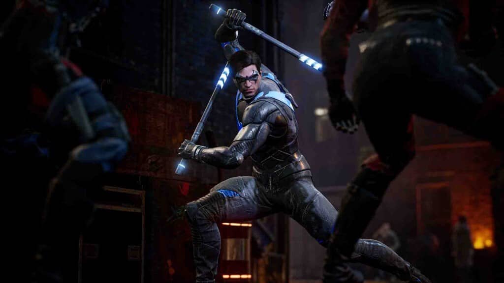 Nightwing chiến đấu bằng hai gậy Eskrima phát sáng trong Gotham Knights
