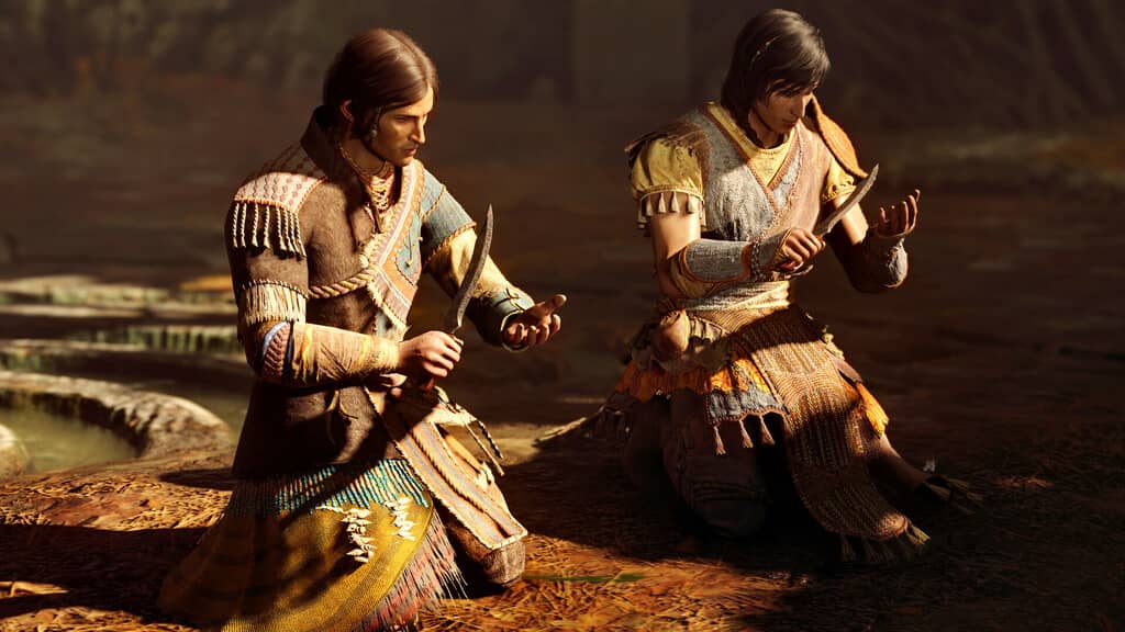 greedfall 2 hai nhân vật quỳ cầm dao làm lễ nghi