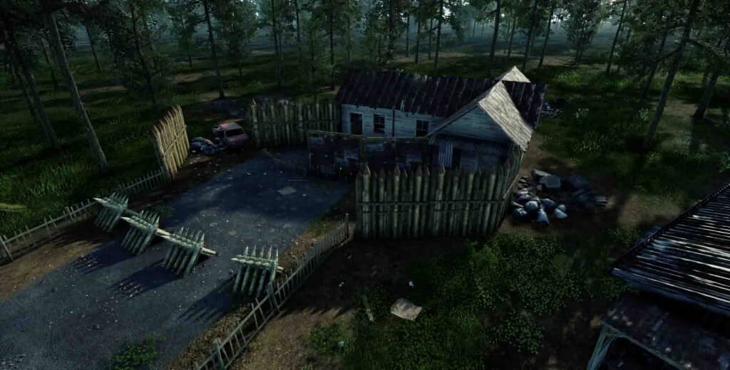 Căn cứ sinh tồn kiên cố trong HumanitZ với hàng rào gỗ và chướng ngại vật chống zombie.