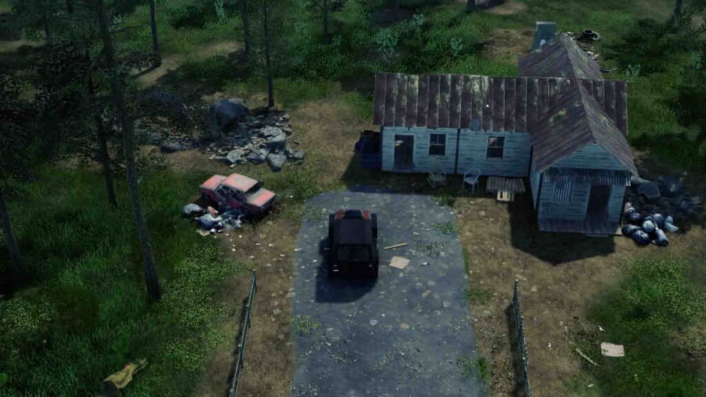 Một căn nhà hoang đổ nát và chiếc xe SUV màu đen đỗ trước sân trong game sinh tồn HumanitZ.