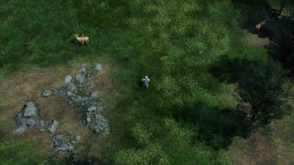 Gameplay HumanitZ góc nhìn từ trên xuống, nhân vật đang săn hươu để lấy thức ăn trong môi trường rừng rậm.