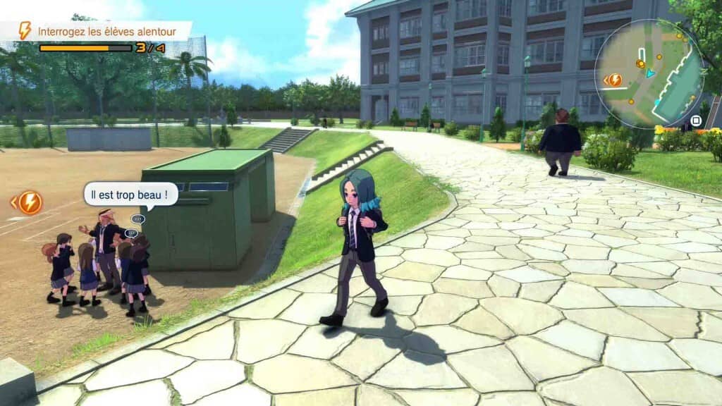 Inazuma Eleven Victory Road chế độ khám phá học đường, nhân vật tóc xanh đi qua sân trường