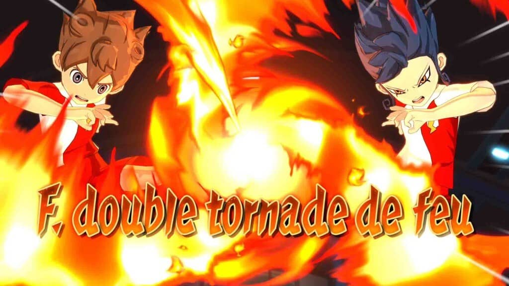 Inazuma Eleven Victory Road chiêu thức kết hợp F. DOUBLE TORNADE DE FEU của 2 cầu thủ