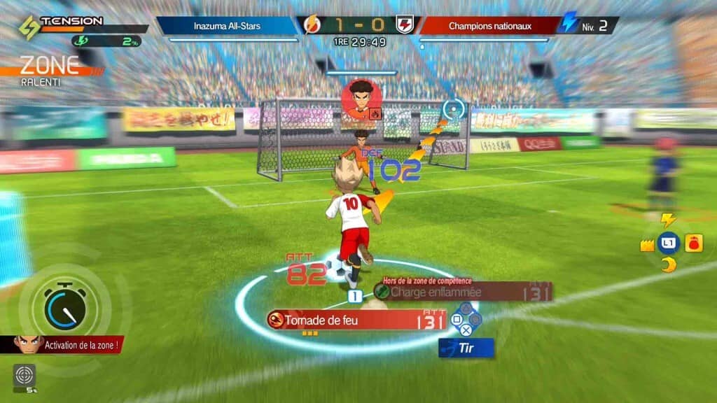 Inazuma Eleven Victory Road gameplay trận đấu, cầu thủ 10 thực hiện chiêu TORNADE DE FEU