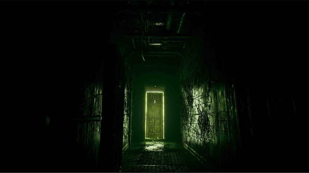 Hành lang tối đen dẫn đến cánh cửa phát sáng màu xanh lá trong game Ire A Prologue
