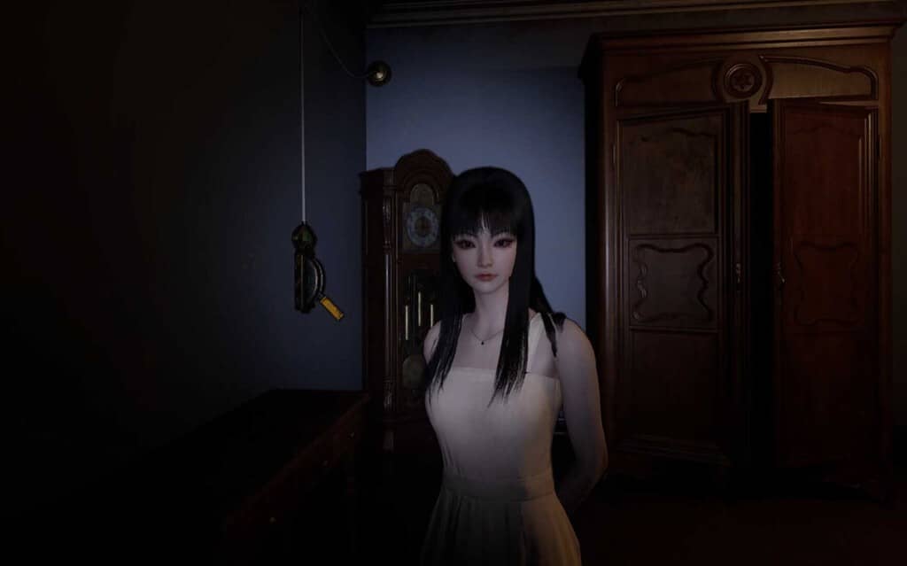 Cảnh gameplay Junji Ito Maniac: An Infinite Gaol trong phòng tối Gameplay Junji Ito Maniac An Infinite Gaol nhân vật nữ đứng trong phòng