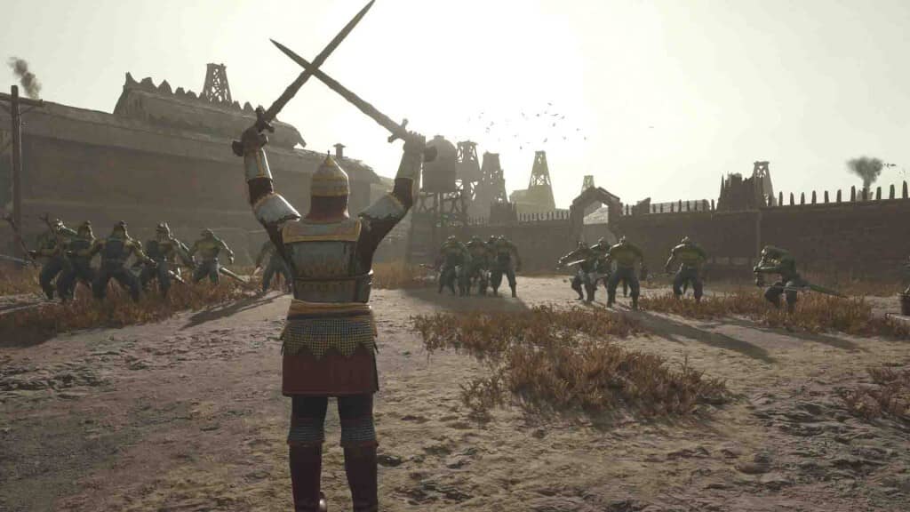 Nhân vật chính giơ kiếm đối đầu với đội quân kẻ thù trước cổng thành trong LIZARDS MUST DIE 2